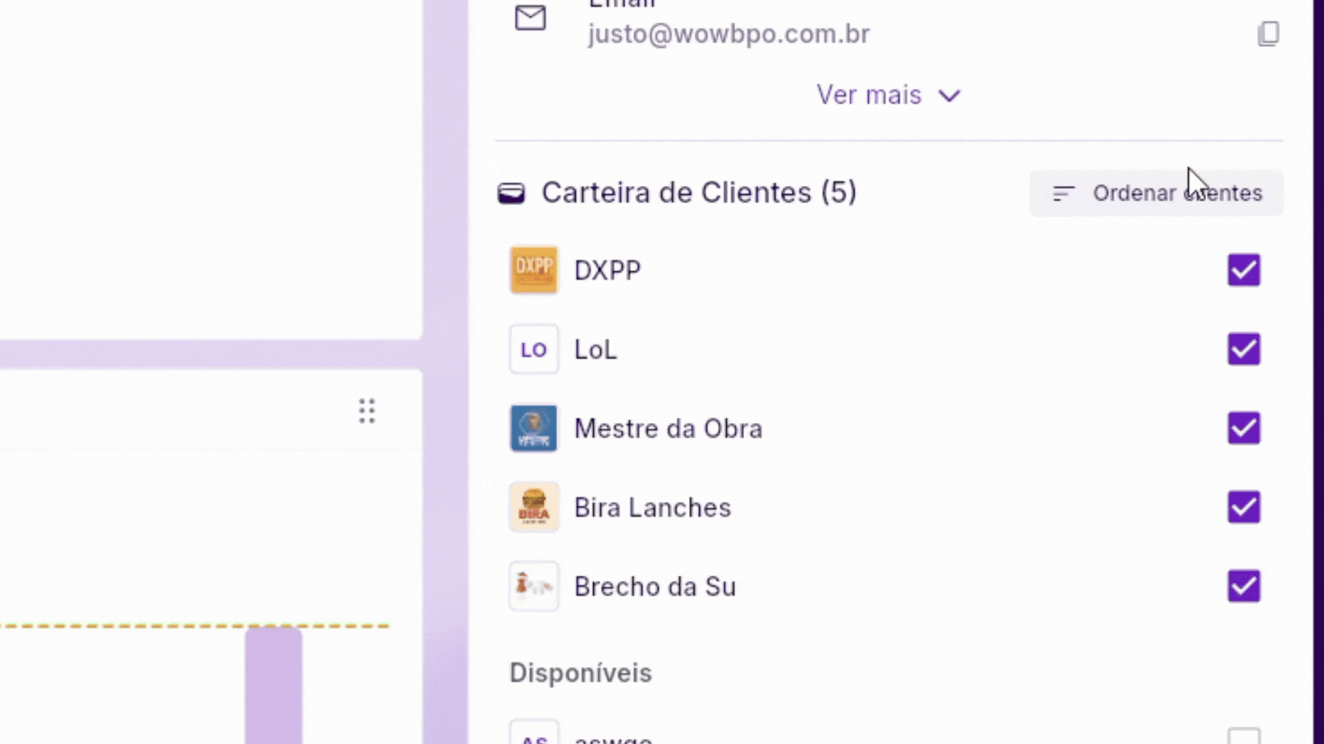 Ordenação personalizada de tarefas e carteira de clientes